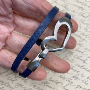 Blue Leather Wrap Bracelet Silver Metal Heart Or Choker Minimalist 15"
